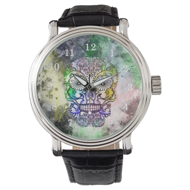 Sugar Skull Skelet Grunge Horloge (Voorkant)