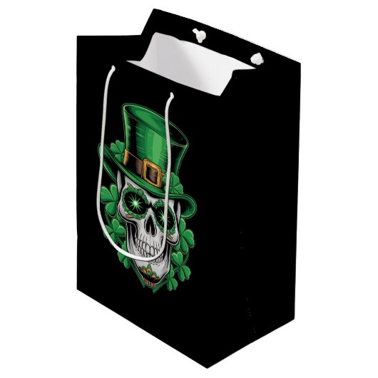 Sugar Skull St Patrick Day Lucky Shamrock Medium Cadeauzakje (Voorkant Gekanteld)