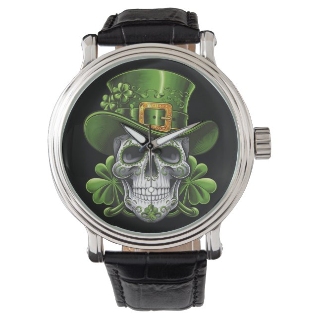 Sugar Skull St Patrick's Day Shamrock Horloge (Voorkant)