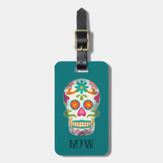 Sugar Skulls Dia de los Muertos Monogrammed Bagagelabel (Voorkant verticaal)