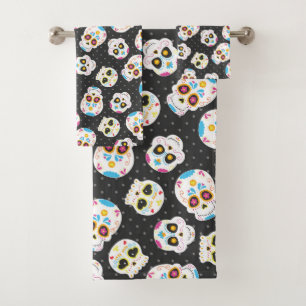 Sugar Skulls en Polka Dots op zwart Bad Handdoek