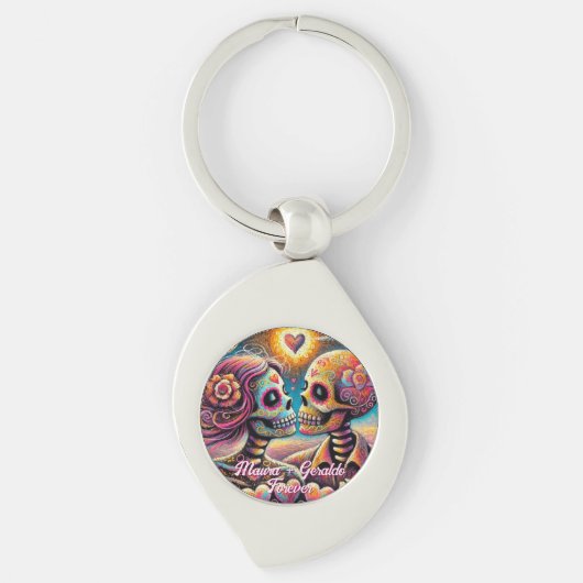 Sugar Skulls in Love Chalk Pastel Personalized Sleutelhanger (Voorkant)