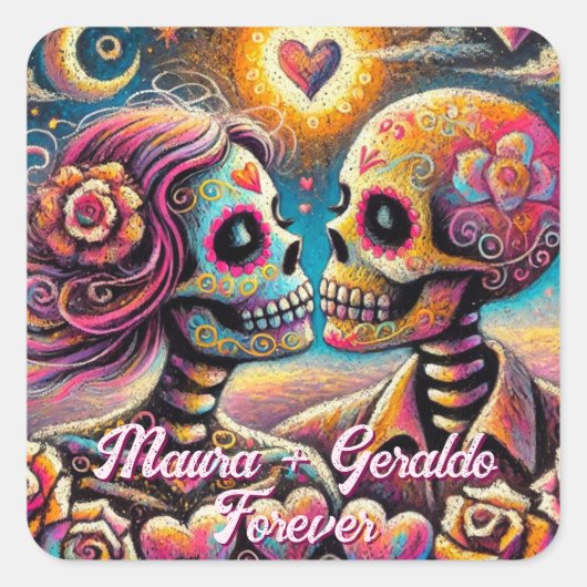Sugar Skulls in Love Chalk Pastel Personalized Vierkante Sticker (Voorkant)