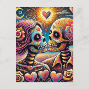 Sugar Skulls in Love Impressionistische Chalk Past Briefkaart
