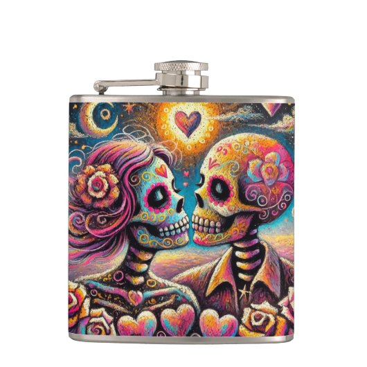Sugar Skulls in Love Impressionistische Chalk Past Heupfles (Voorkant)