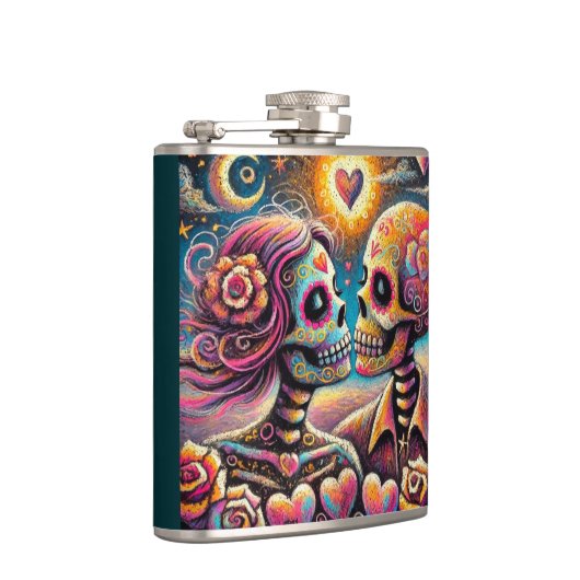 Sugar Skulls in Love Impressionistische Chalk Past Heupfles (Rechts)