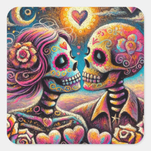 Sugar Skulls in Love Impressionistische Chalk Past Vierkante Sticker