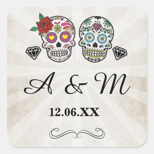Sugar Skulls Rustieke  Rozen Stickers Labels (Voorkant)