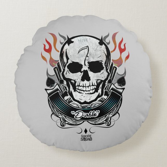 Suicide Squad | Diablo Skull & Flames Tattoo Art Rond Kussen (Voorkant)