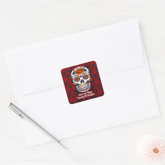 Suiker Cinco de Mayo Red Floral Vierkante Sticker (Envelop)
