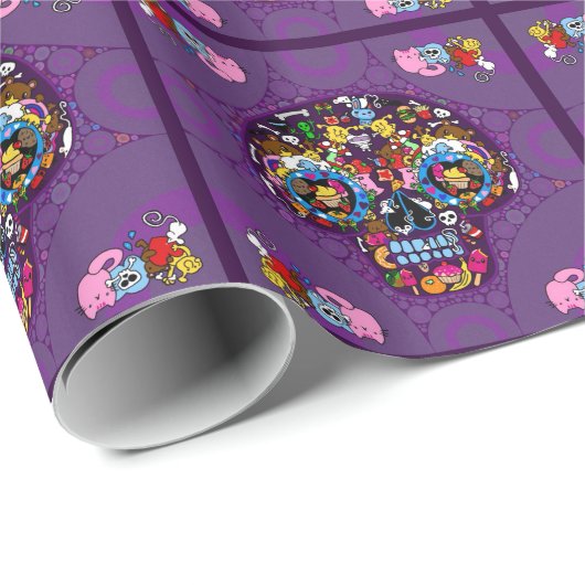 Suiker Kunst Schedel Kawaii Doodle op maat gemaakt Cadeaupapier (Rol Hoek)