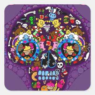 Suiker Kunst Schedel Kawaii Doodle op maat gemaakt Vierkante Sticker