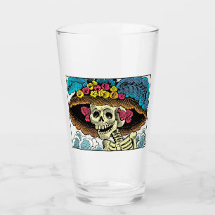 Suiker Schedel Dame in Bloemrijke Zonnehoed Pop Ar Glas