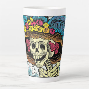 Suiker Schedel Dame in Bloemrijke Zonnehoed Pop Ar Latte Mok