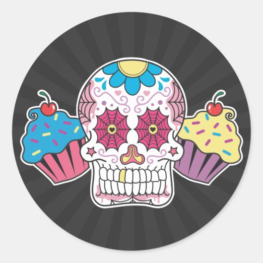 Suiker schedel en cupcakes ronde sticker (Voorkant)
