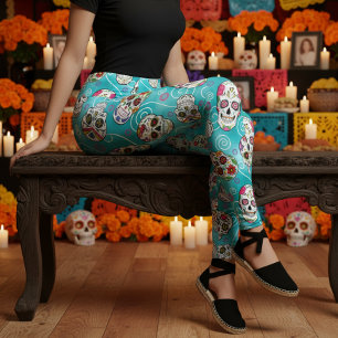 Suiker Schedels en Krullen Turquoise ID725 Leggings