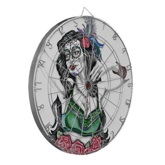 Suiker schedelvrouw met Rozen Dartbord (Voorkant Links)