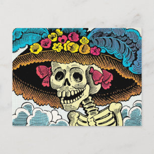 Suiker Skull Dame in Bloemrijke Zonnehoed Pop Art Briefkaart