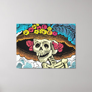 Suiker Skull Dame in Bloemrijke Zonnehoed Pop Art Canvas Afdruk