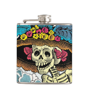 Suiker Skull Dame in Bloemrijke Zonnehoed Pop Art  Heupfles