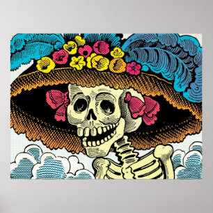 Suiker Skull Dame in Bloemrijke Zonnehoed Pop Art Poster
