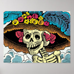 Suiker Skull Dame in Bloemrijke Zonnehoed Pop Art Poster