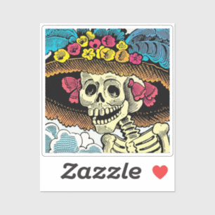 Suiker Skull Dame in Bloemrijke Zonnehoed Pop Art Sticker