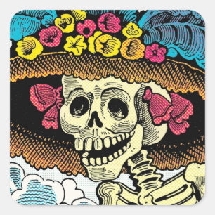 Suiker Skull Dame in Bloemrijke Zonnehoed Pop Art Vierkante Sticker