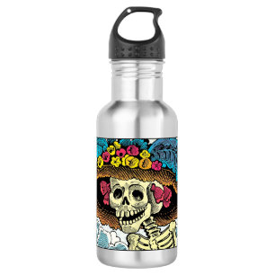 Suiker Skull Dame in Bloemrijke Zonnehoed Pop Art  Waterfles