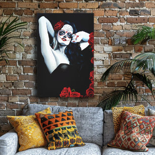 Suiker Skull Vrouw Gothic Zwart Rode Rozen Portret Canvas Afdruk