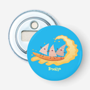 Suikernachos-maïschips surfende cartoon button flesopener