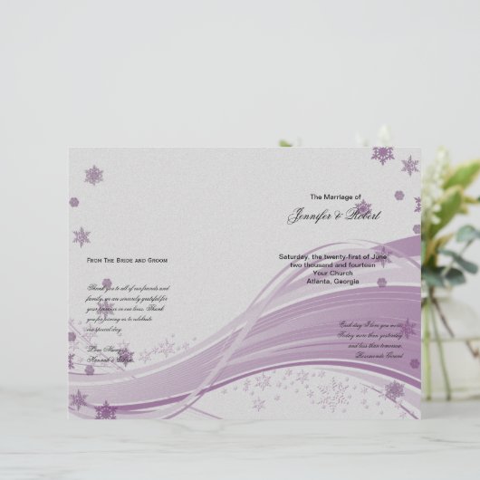 Suikerroomsnowflakes Paars-bruiloft programma (Staand voorkant)