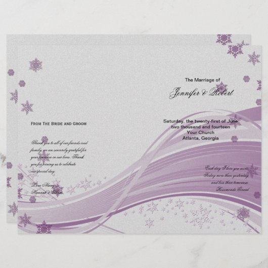 Suikerroomsnowflakes Paars-bruiloft programma (Voorkant / Achterkant)