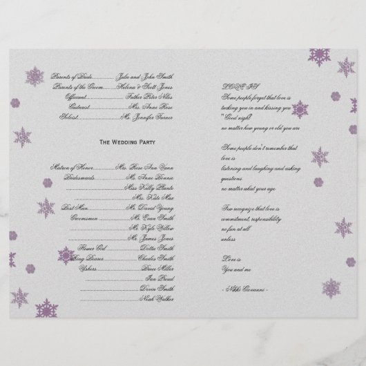 Suikerroomsnowflakes Paars-bruiloft programma (Achterkant)