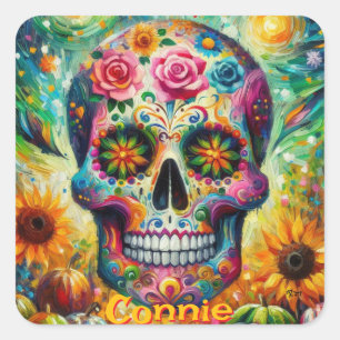 Suikerschedel Bloemen Rozen Zonnebloem gepersonali Vierkante Sticker