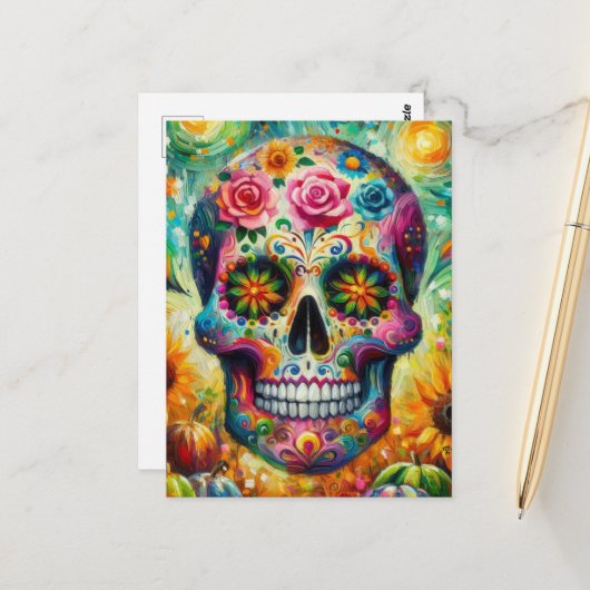 Suikerschedel Dia De Los Muertos Dag van de dood Briefkaart (Voorkant / Achterkant in situ)