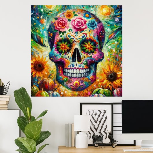 Suikerschedel Dia De Los Muertos Dag van de dood Poster (Thuiskantoor)