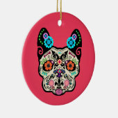 Suikerschedel Frenchie - Roze Keramisch Ornament (Rechts)