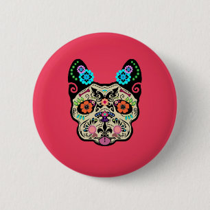 Suikerschedel Frenchie - Roze Ronde Button 5,7 Cm