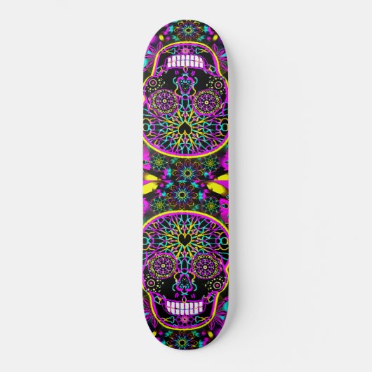 Suikerschedel in neonroze skateboard (Voorkant)
