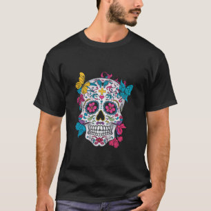 Suikerschedel Kleurrijke Kunst Bloemen Vlindersche T-shirt