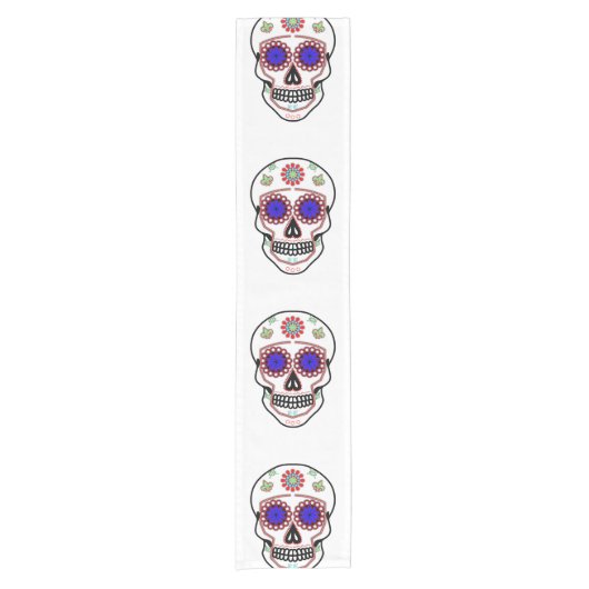 Suikerschedel met blauwe ogen en groene strook korte tafelloper (Voorkant)