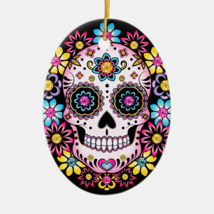 Suikerschedel met kleurrijke bloemen keramisch ornament