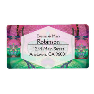 Suikerschedel met regenboogkleurige achtergrond etiket