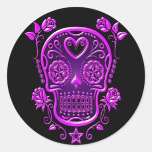 Suikerschedel met Rozen, paars Ronde Sticker