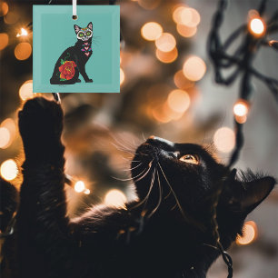 Suikerschedel, zwarte kat glas ornament