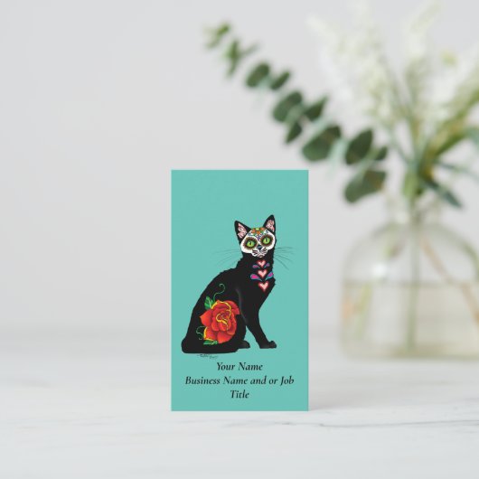 Suikerschedel, zwarte kat visitekaartje (Staand voorkant)