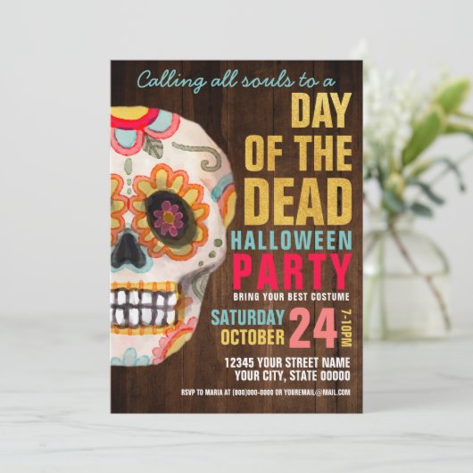 Suikerschedeldag van de dode halloween-partij kaart (Staand voorkant)