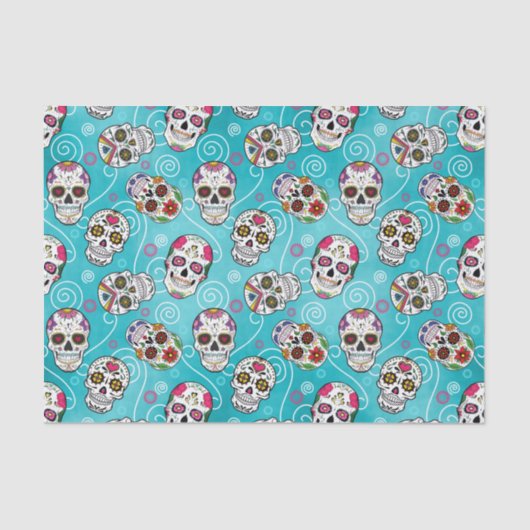 Suikerschedels en wervelingen Turquoise Blue D725 Tissuepapier (Voorkant)