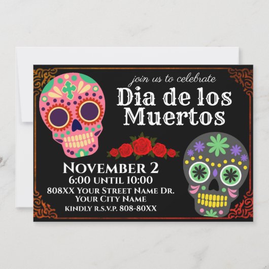 Suikerschedels op zwarte dag van de dode partij kaart (Voorkant)